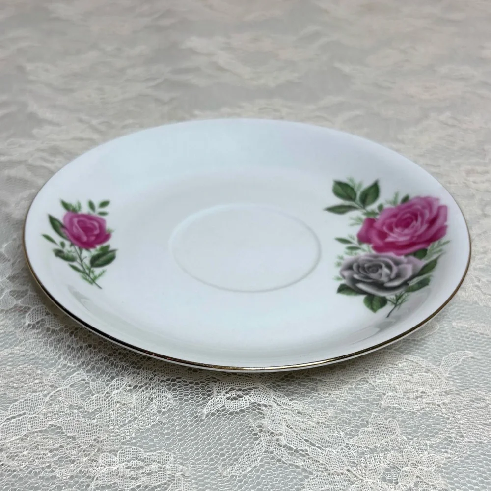 Vintage Tea Cup Victorian Roses Teacup Plate Set Elegant Dainty White Pink Gold